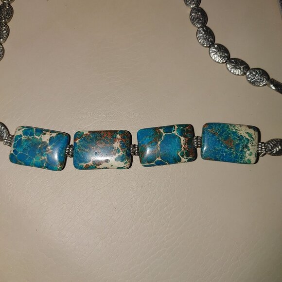Vintage Silver Necklace Unknown Stone Brown Turquoise Tone Chunky Statement - Picture 5 of 16
